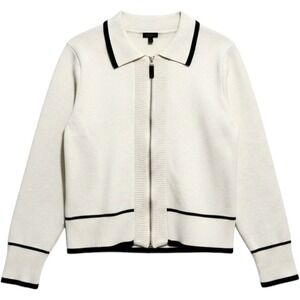 Talbots Ivory Zip Front Sweater Jacket Women L Gold Zipper Collared Heavy Knit